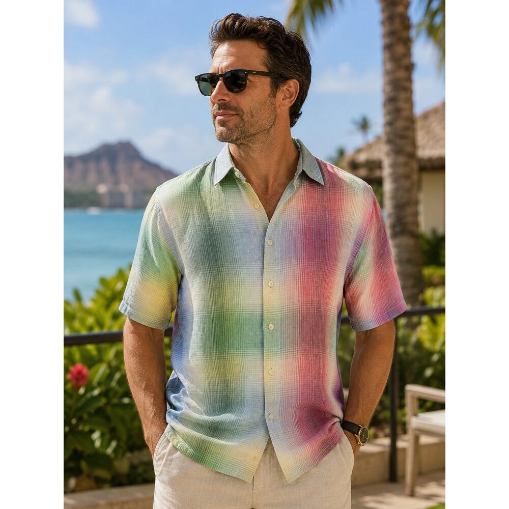 Tommy Bahama 100% Linen Rainbow Plaid Button Up Shirt M